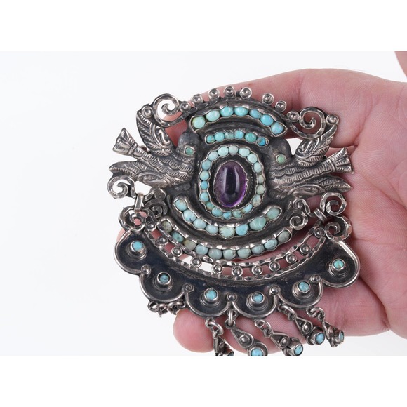 Large Vintage Matl Sterling Turquoise Amethyst repousse birds pendant/pin - Picture 3 of 5